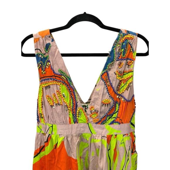 Anthropologie Nerida Midi Dress Medium Beaded V-Neck Colorful Print Cotton - Picture 7 of 14